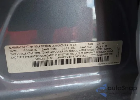 2007 Volkswagen Jetta 2.5 from USA, damaged, VIN 3VWPF71K47M071552